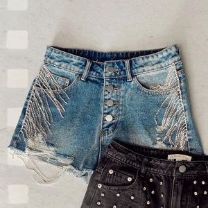 Rhinestone fringe denim shorts